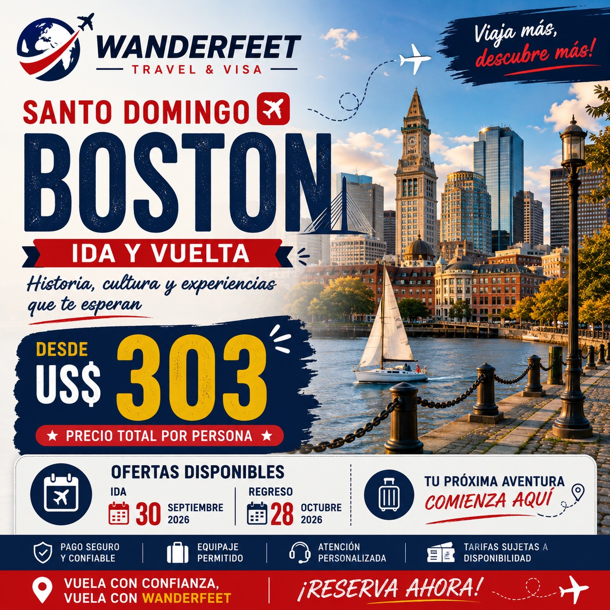 Flyer de oferta de vuelo a Boston