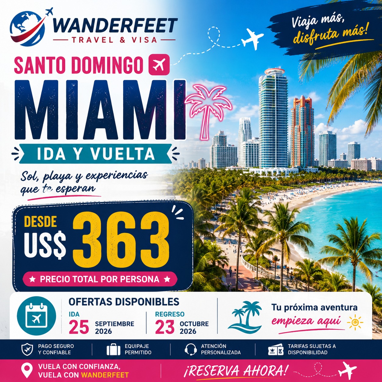 Flyer de oferta de vuelo a Miami