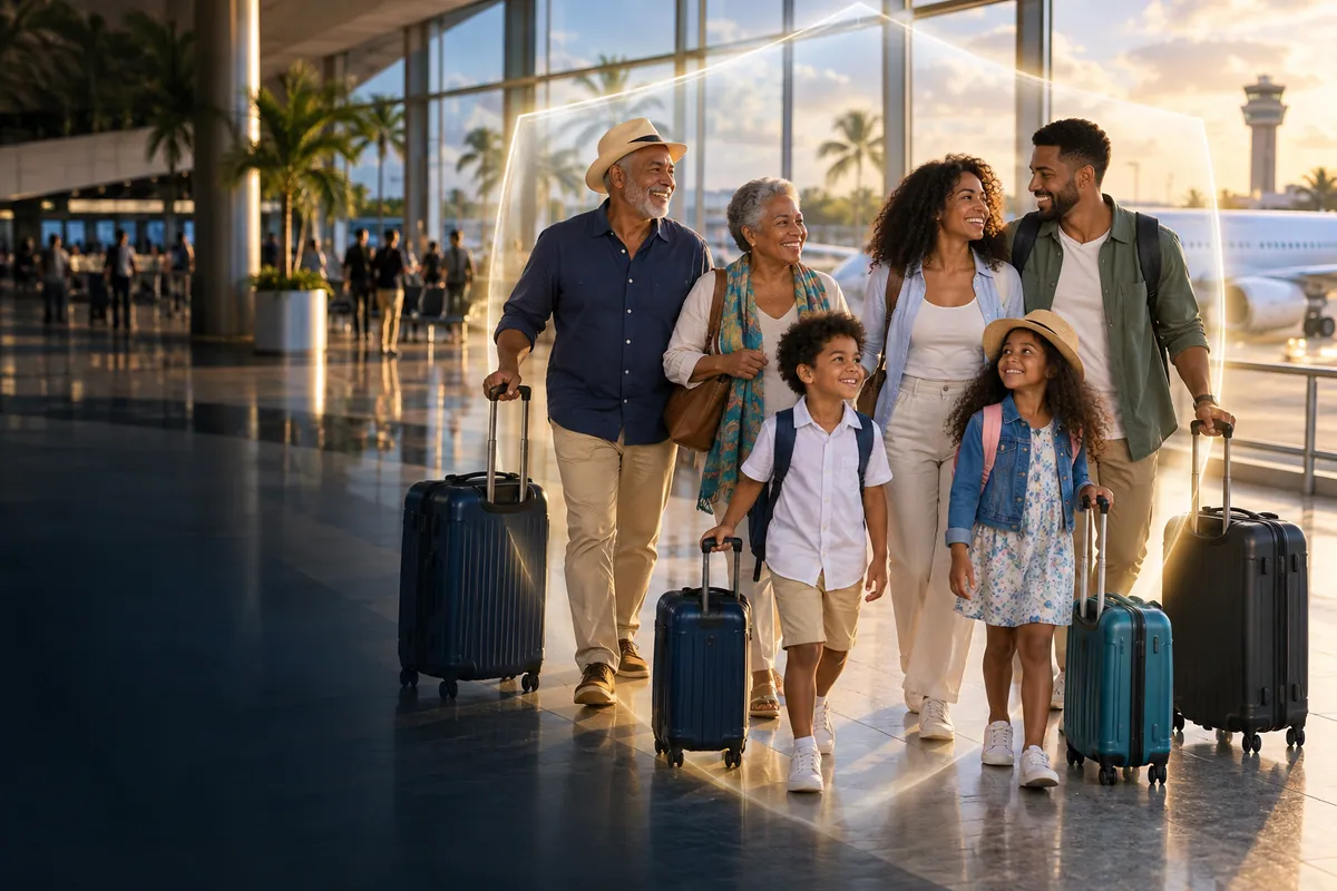 Familia protegida mientras inicia un viaje en el aeropuerto