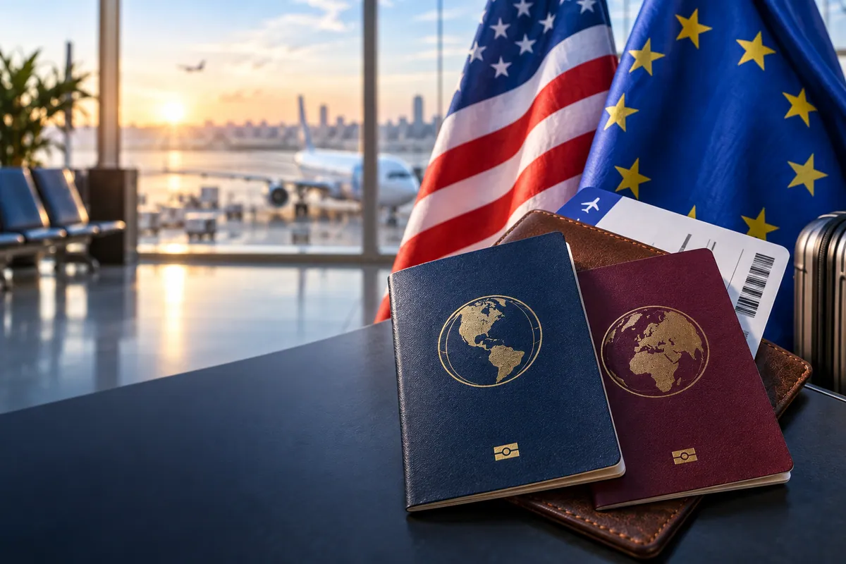 Banderas de Estados Unidos y la Unión Europea junto a pasaportes